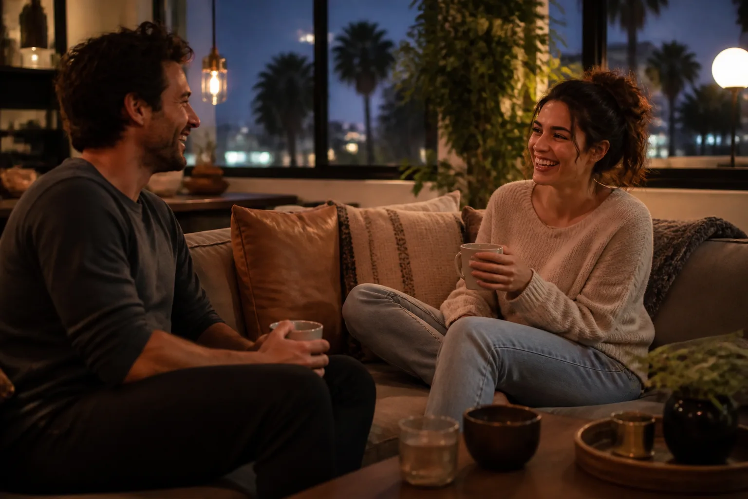 Warm community lounge atmosphere suggesting friendly group conversation