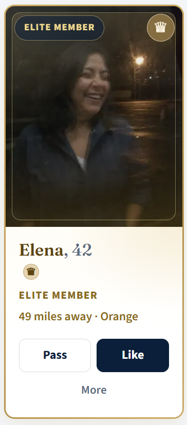 Example Elite Member card with gold border, Elite Member badge, and crown