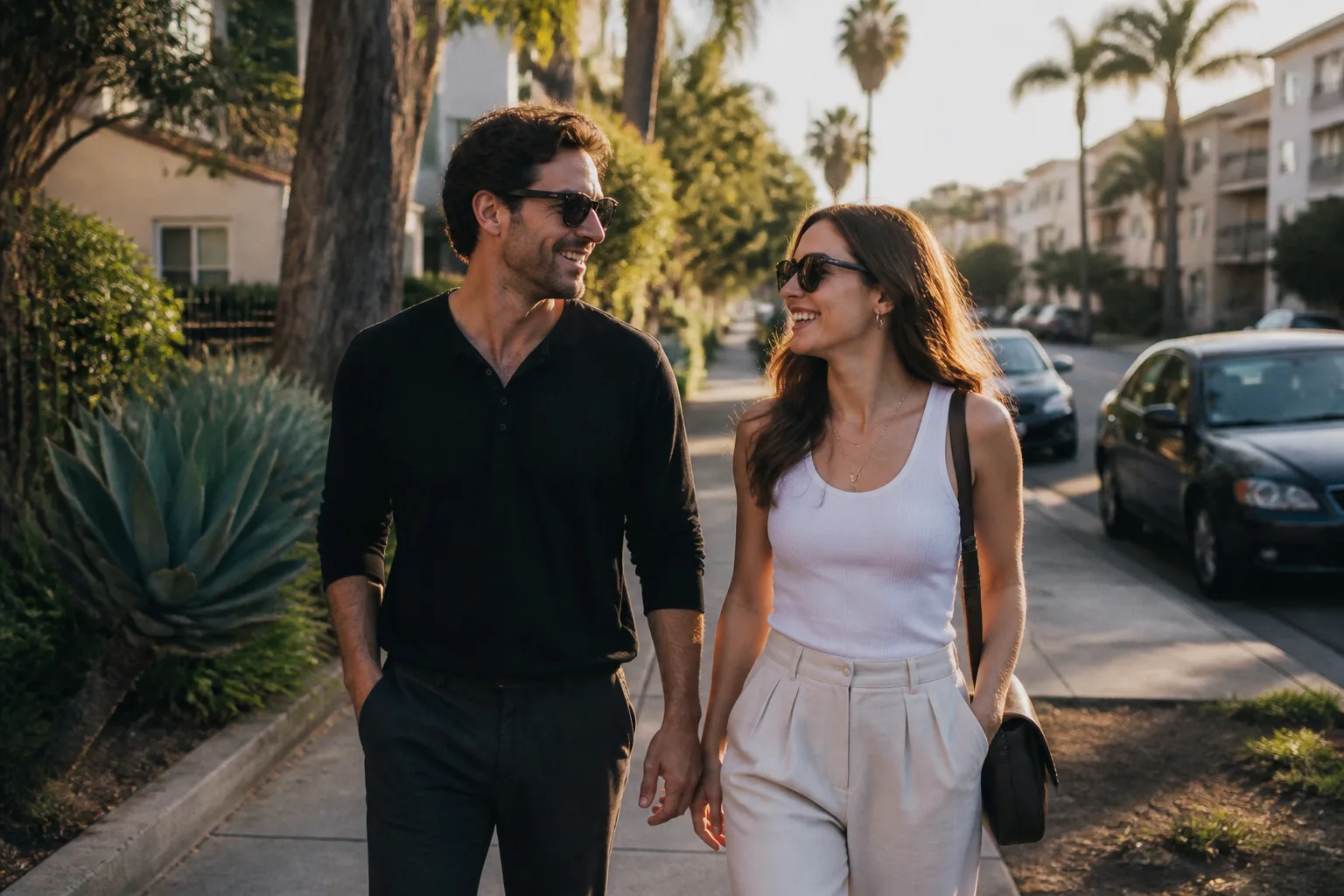 People walking together on a tree-lined Los Angeles street at golden hour