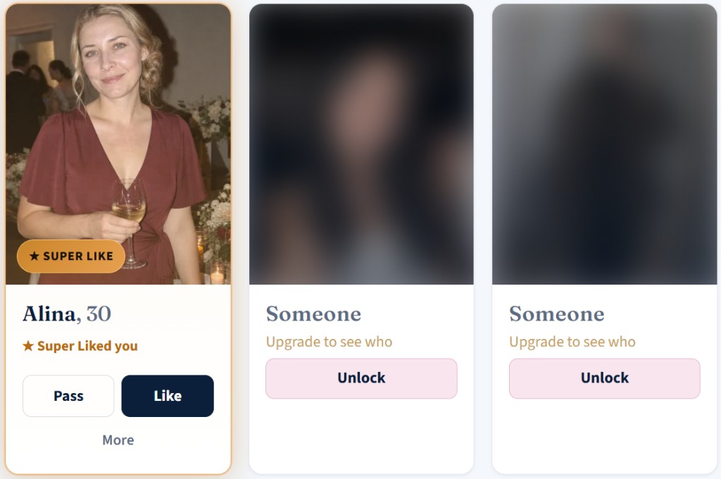 Example: a Super Like card shows your photo and name while regular likes stay locked