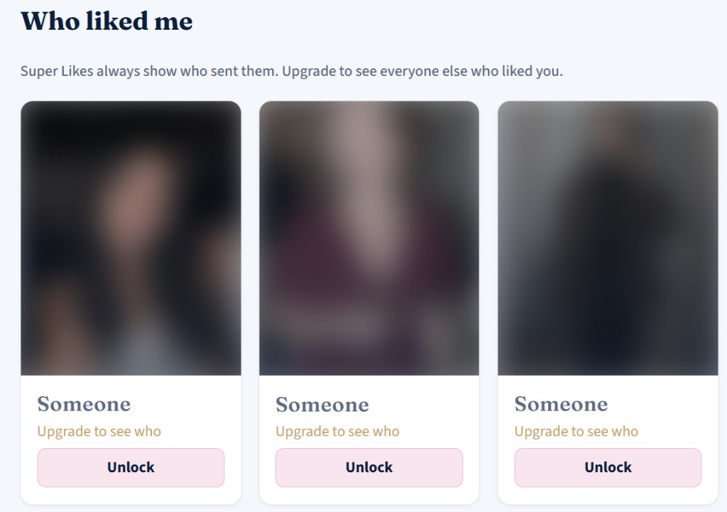 Example: Who liked me cards blurred as Someone with Unlock buttons